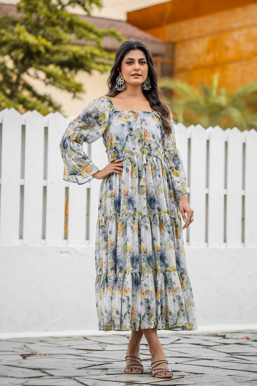 Women’s Premium Faux Georgette Floral & Geometric Digital Print Gown