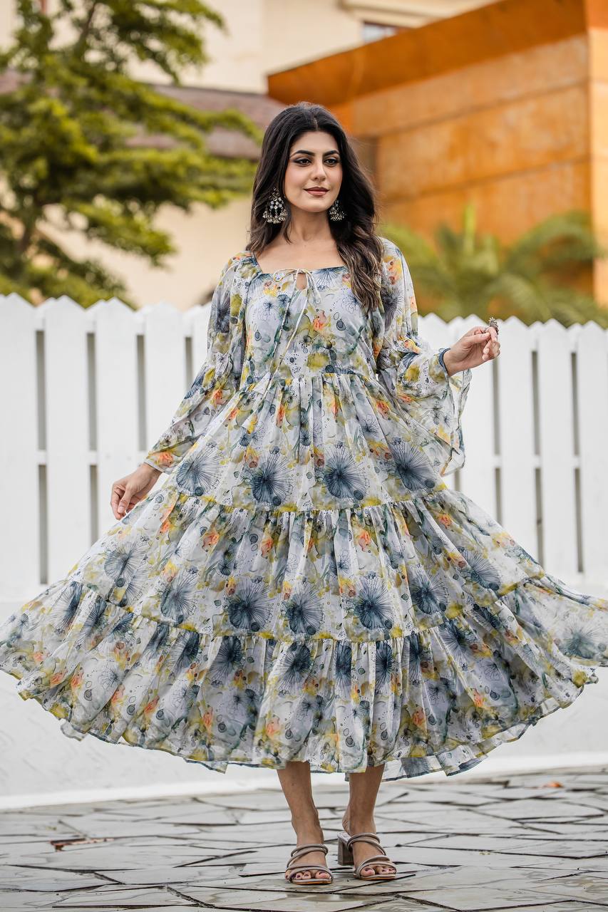 Georgette Floral & Geometric Digital Print Gown