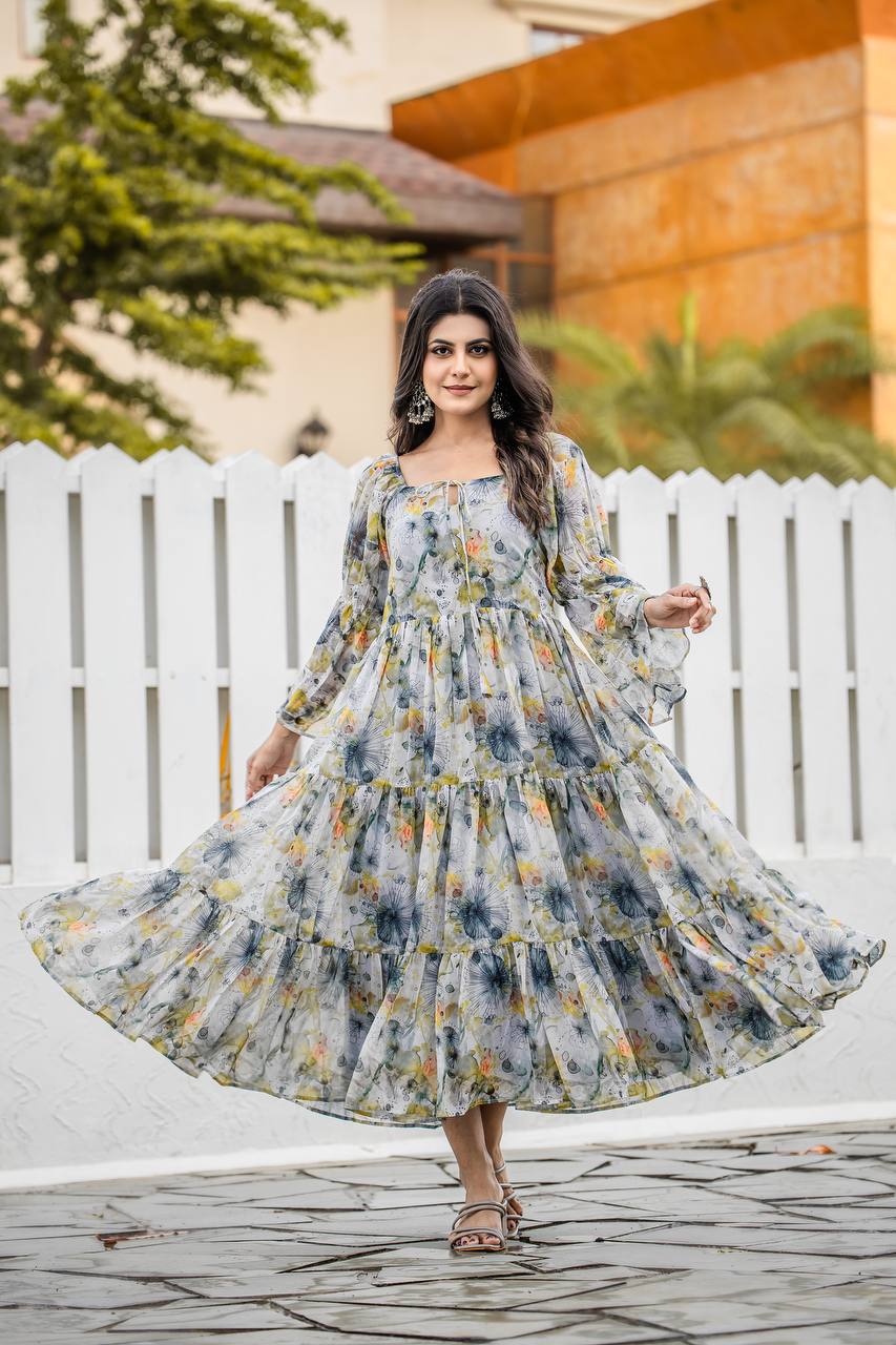 Georgette Floral & Geometric Digital Print Gown