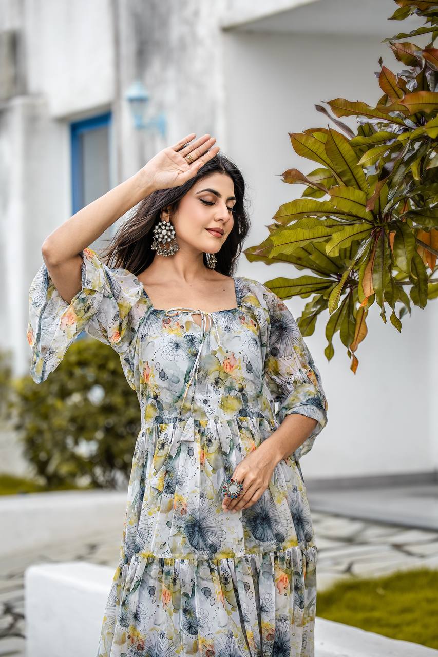 Georgette Floral & Geometric Digital Print Gown