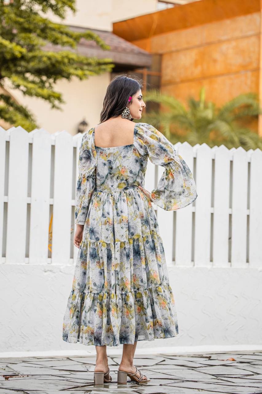 Women’s Premium Faux Georgette Floral & Geometric Digital Print Gown