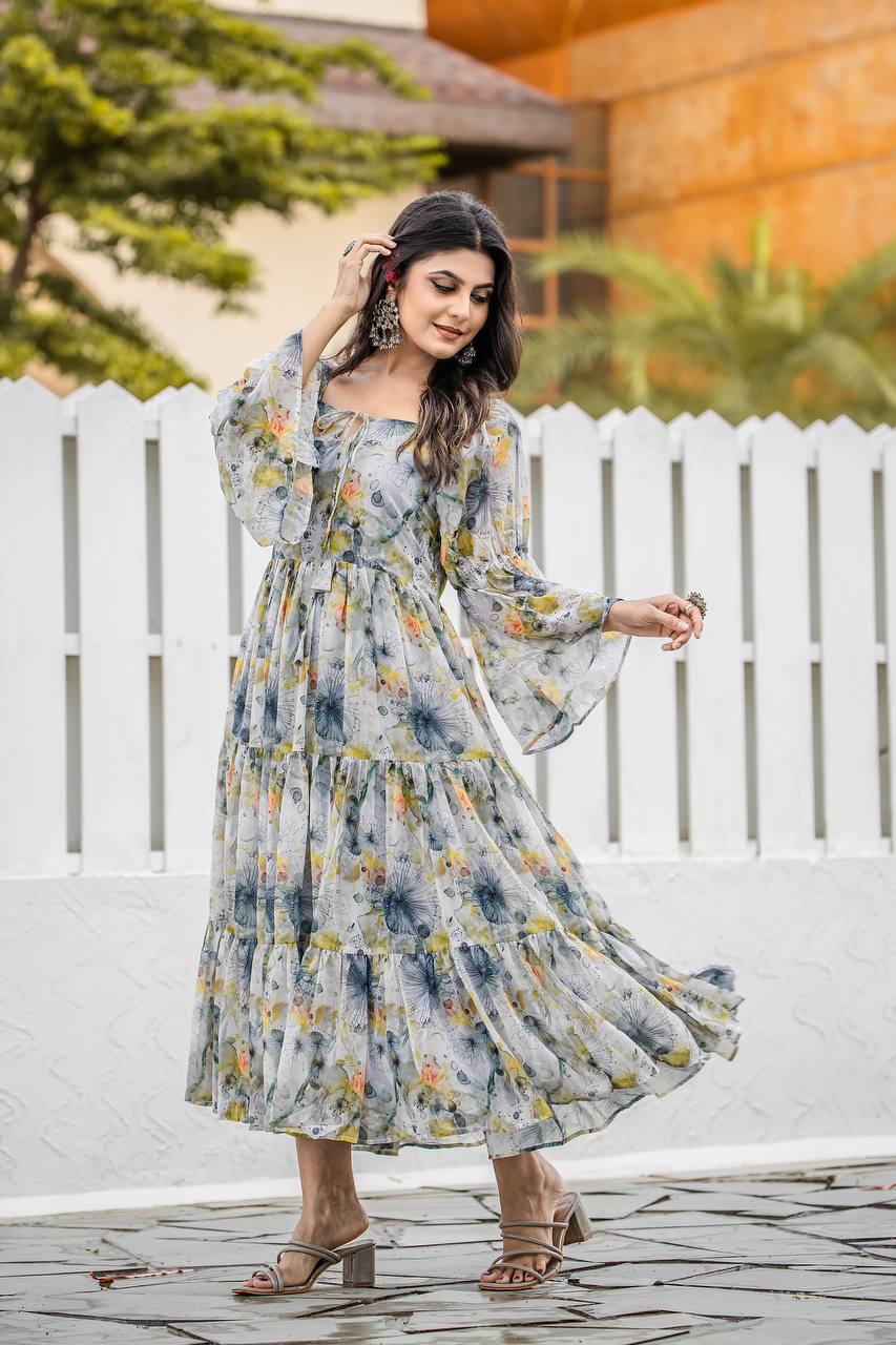 Georgette Floral & Geometric Digital Print Gown