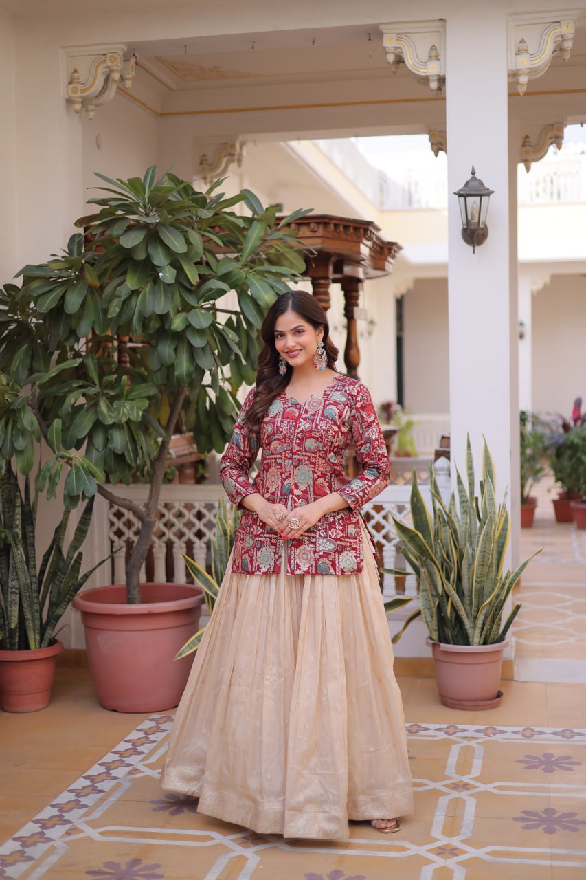 Jacquard Lehenga Set with Fancy Neck Blouse