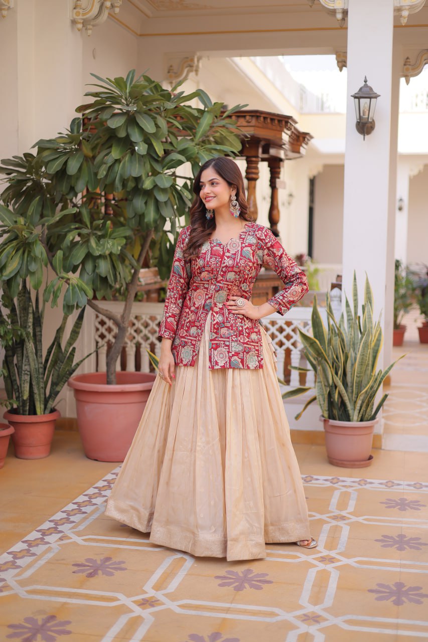 Jacquard Lehenga Set with Fancy Neck Blouse