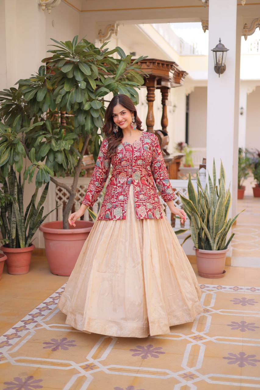 Designer Jacquard Lehenga Set with Fancy Neck Blouse