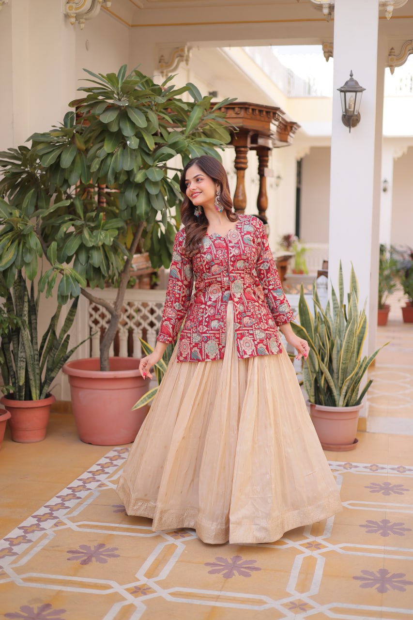 Jacquard Lehenga Set with Fancy Neck Blouse