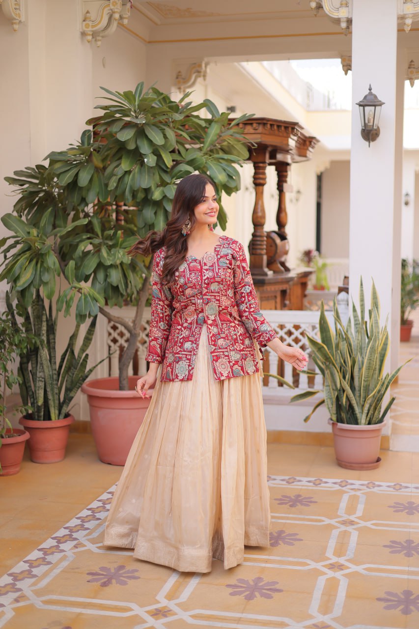 Jacquard Lehenga Set with Fancy Neck Blouse