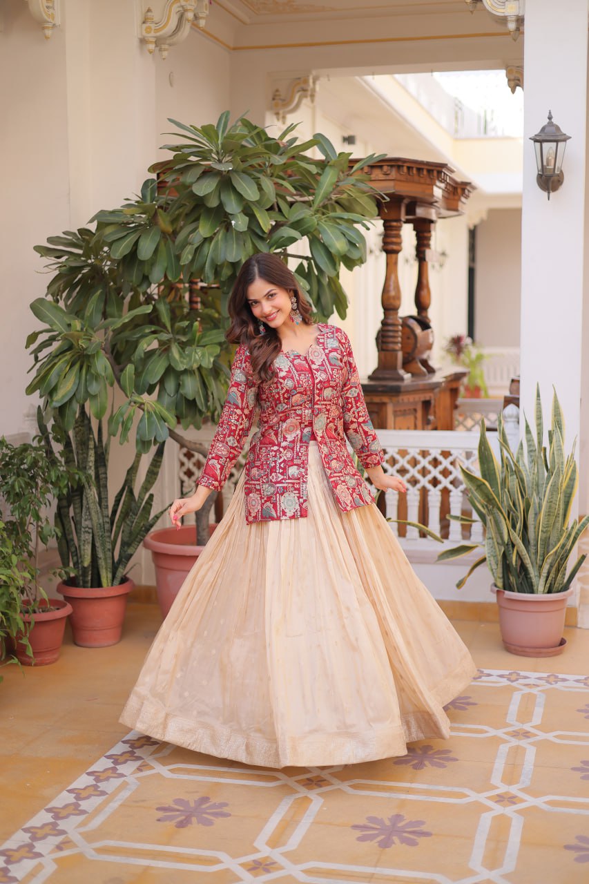 Jacquard Lehenga Set with Fancy Neck Blouse