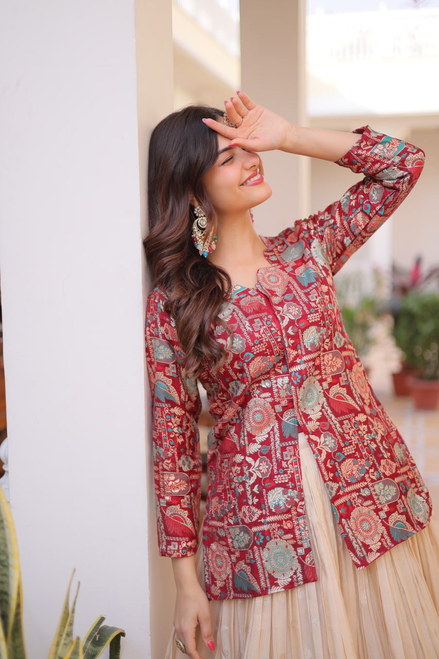 Jacquard Lehenga Set with Fancy Neck Blouse