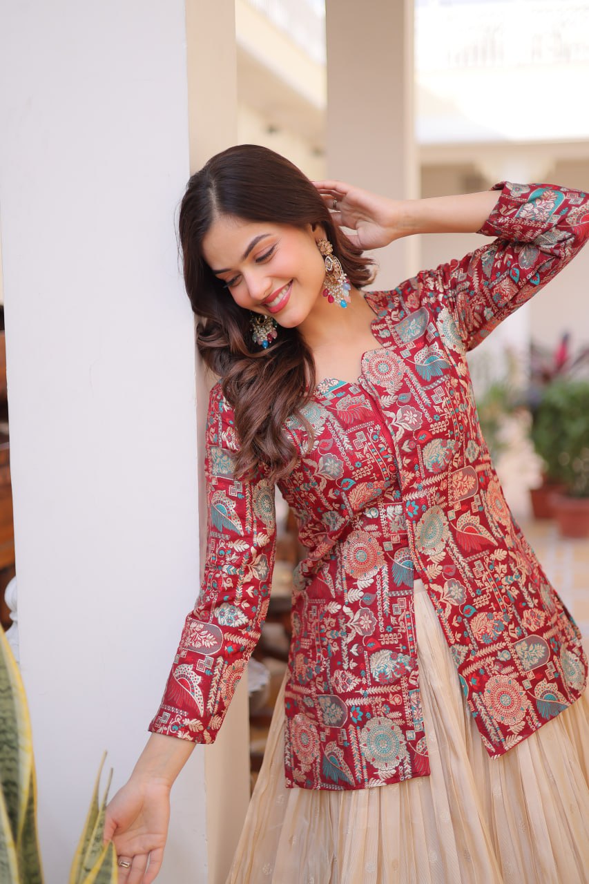 Jacquard Lehenga Set with Fancy Neck Blouse