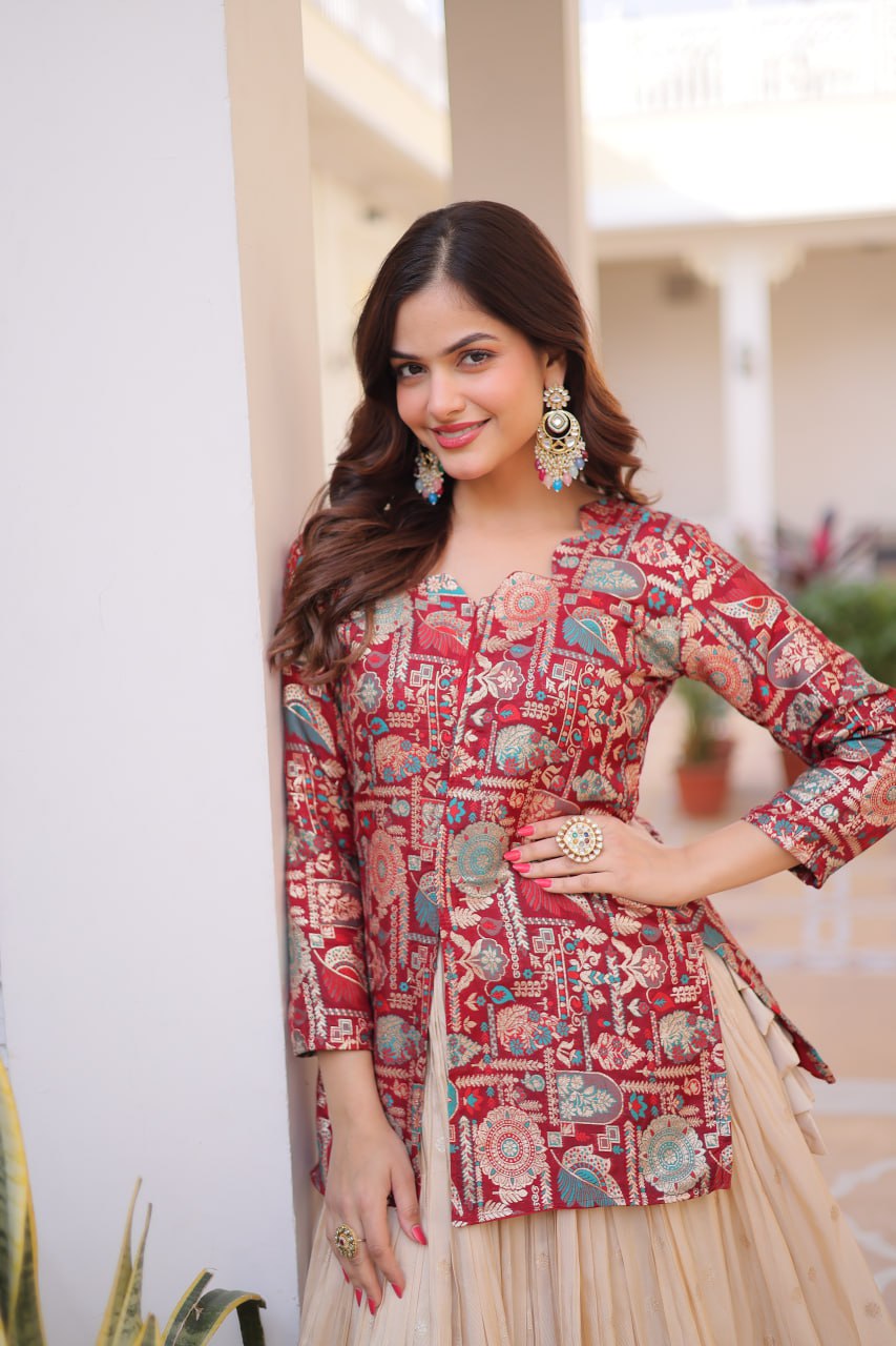 Jacquard Lehenga Set with Fancy Neck Blouse