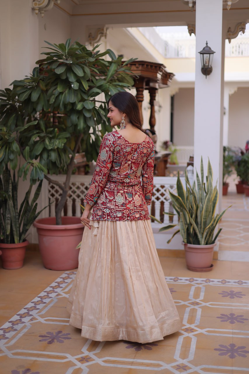 Jacquard Lehenga Set with Fancy Neck Blouse