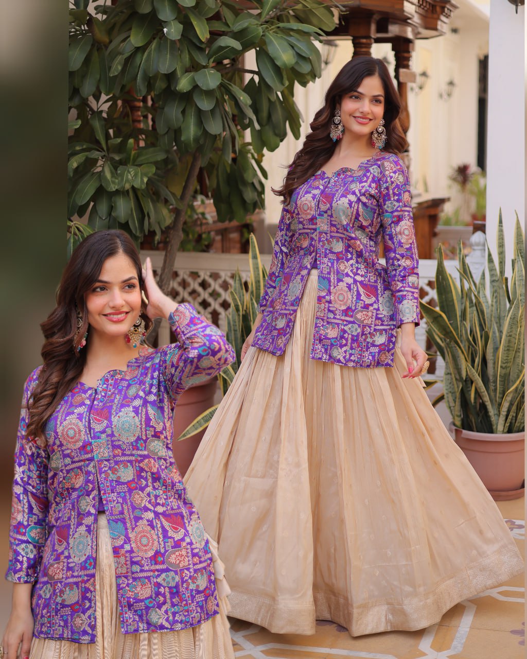 Jacquard Lehenga Set with Fancy Neck Blouse