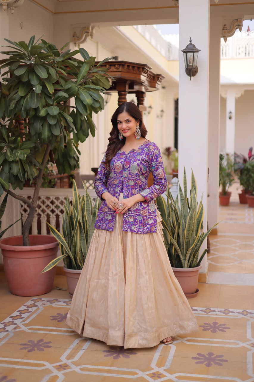 Jacquard Lehenga Set with Fancy Neck Blouse