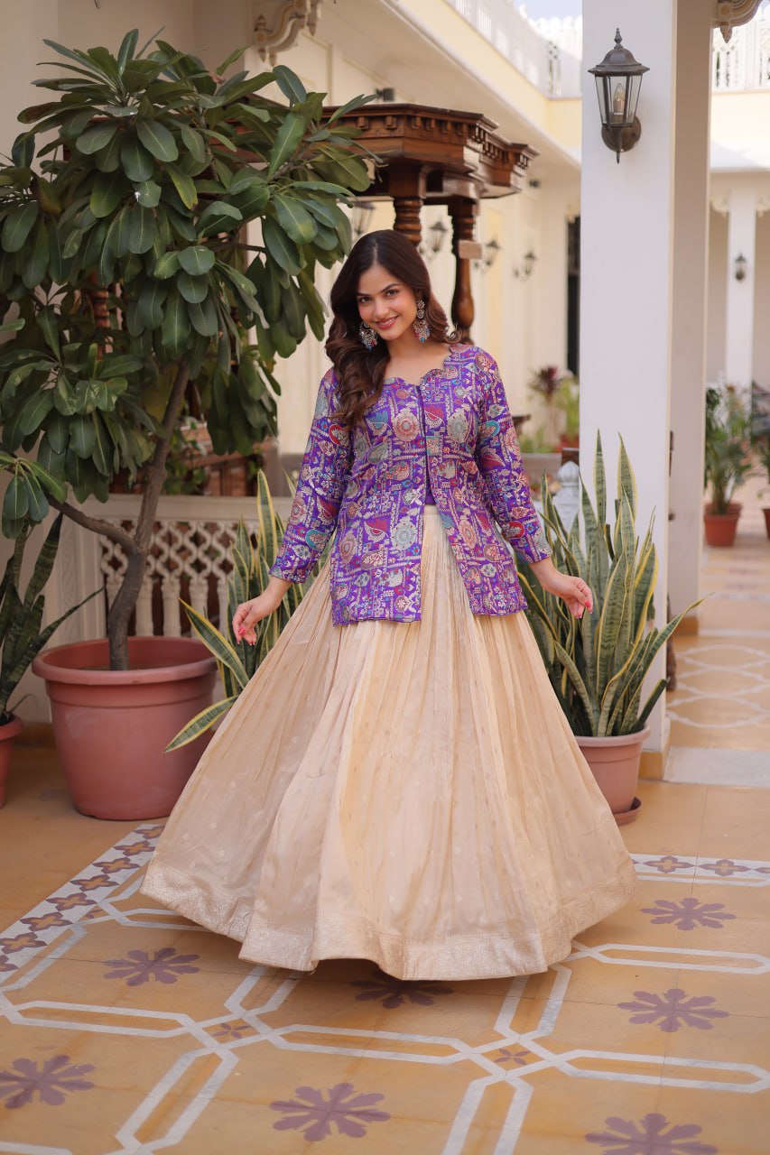 Designer Jacquard Lehenga Set with Fancy Neck Blouse