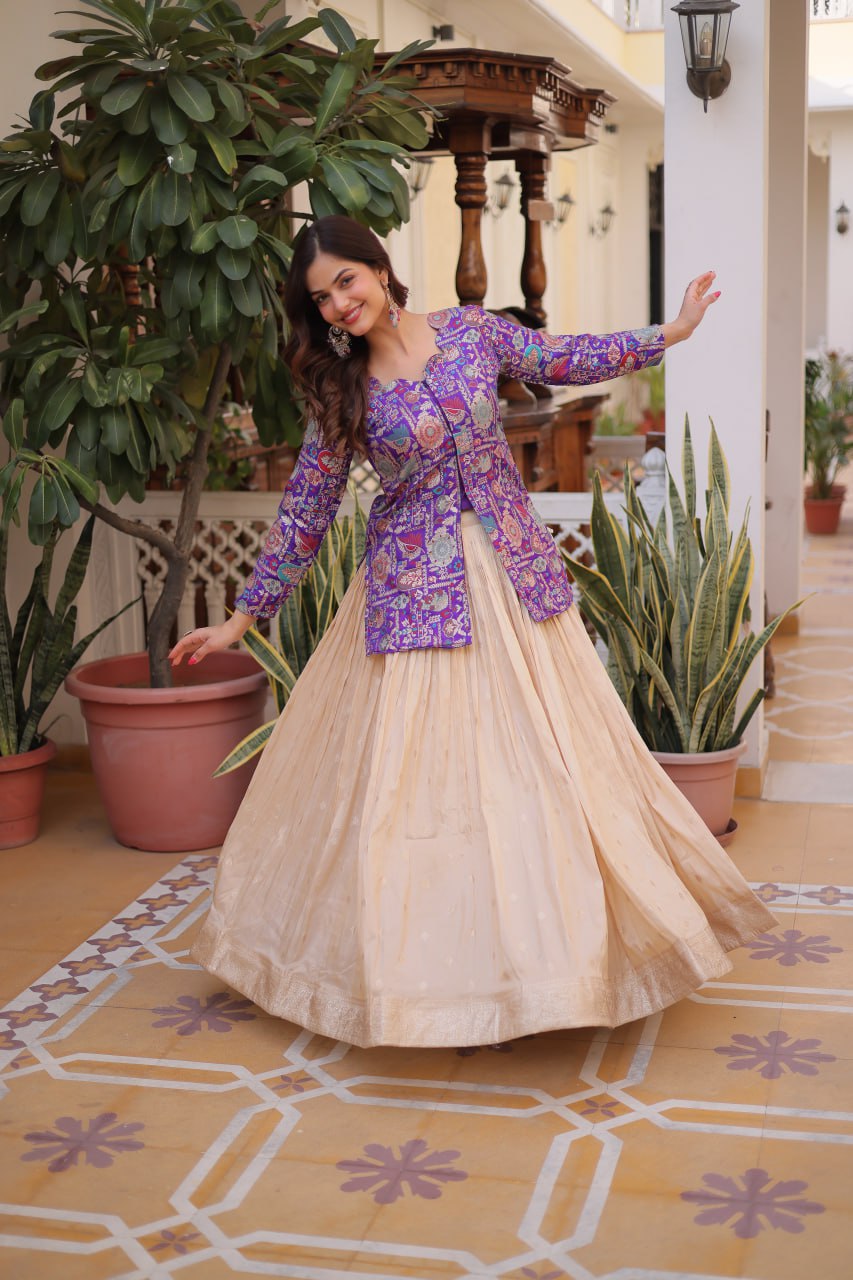 Jacquard Lehenga Set with Fancy Neck Blouse