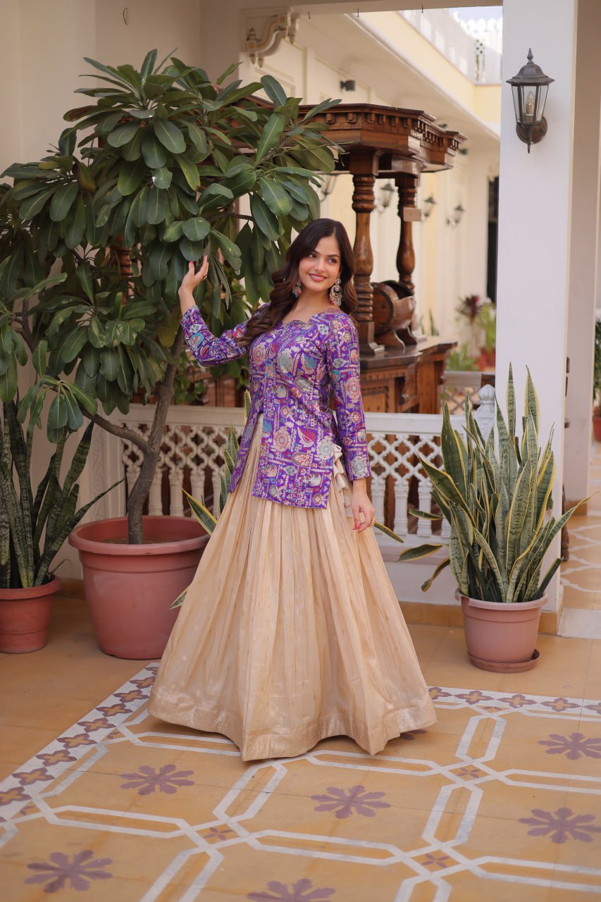 Jacquard Lehenga Set with Fancy Neck Blouse