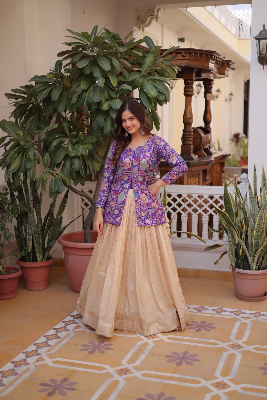 Jacquard Lehenga Set with Fancy Neck Blouse
