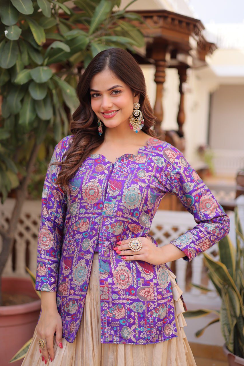 Jacquard Lehenga Set with Fancy Neck Blouse