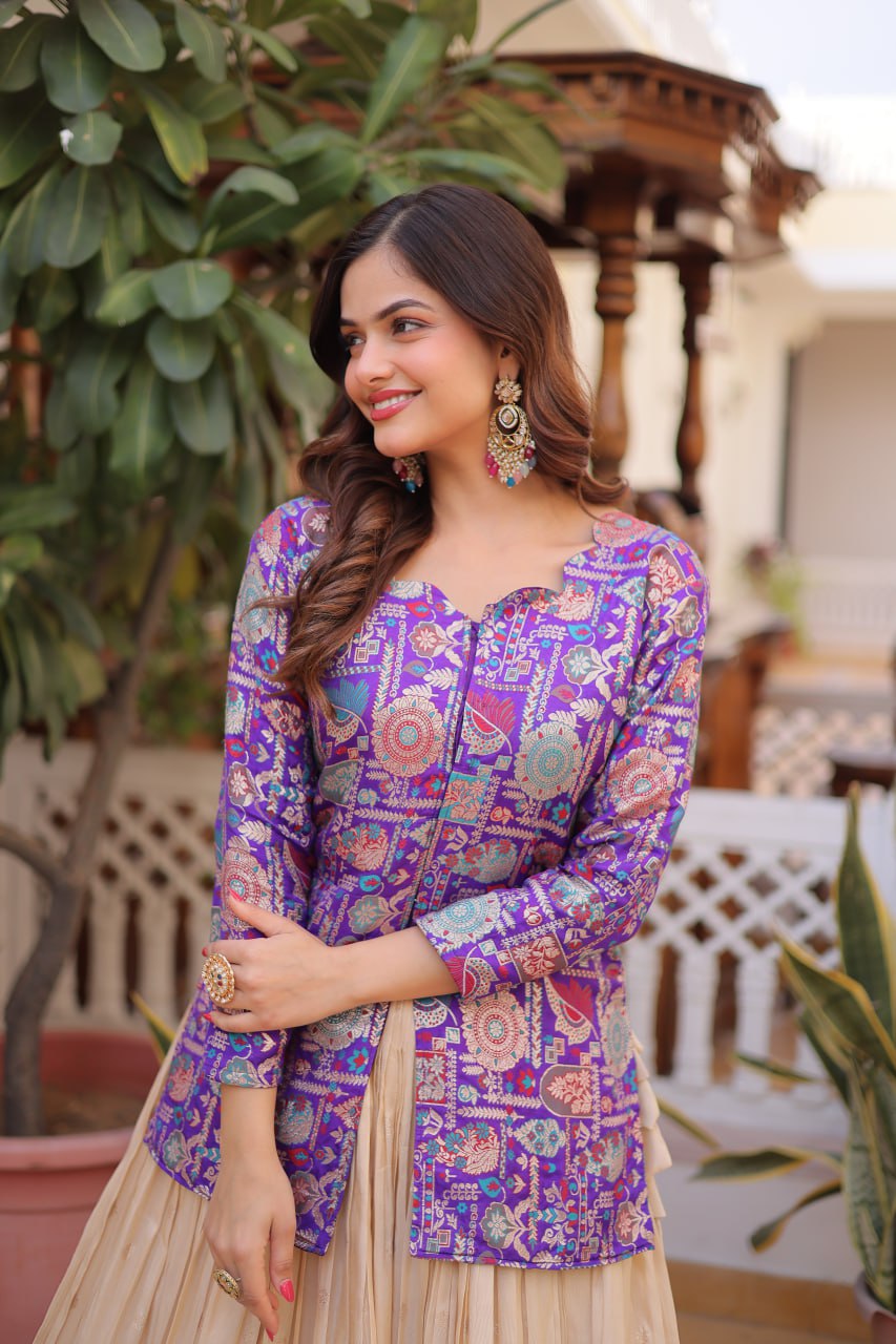 Jacquard Lehenga Set with Fancy Neck Blouse