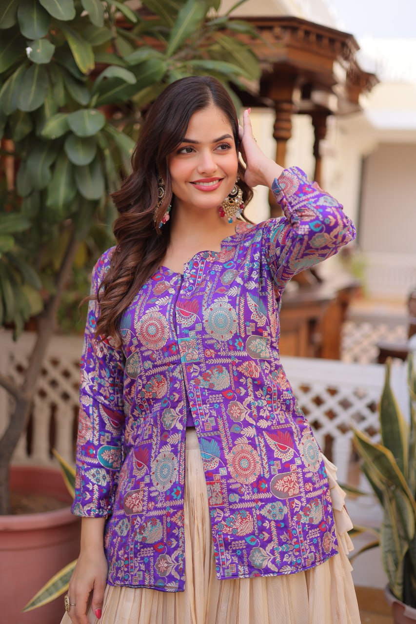 Jacquard Lehenga Set with Fancy Neck Blouse