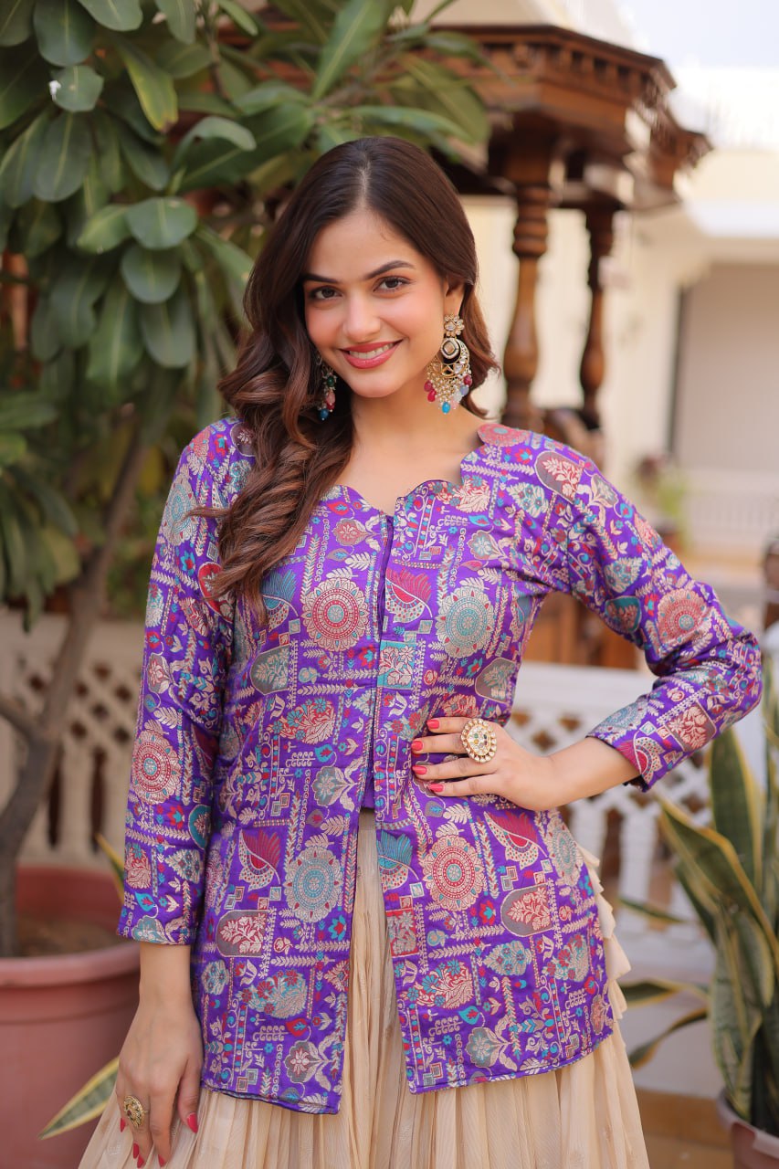 Jacquard Lehenga Set with Fancy Neck Blouse