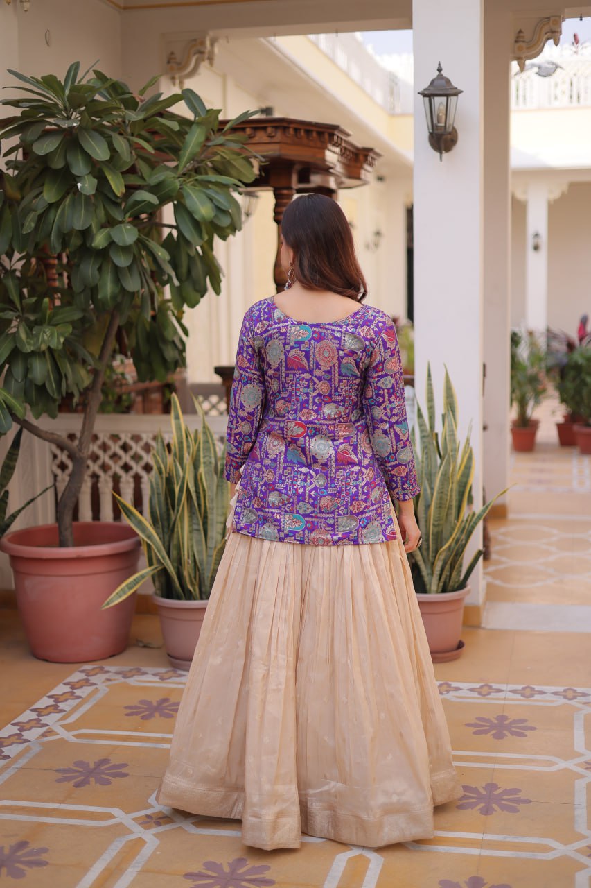 Jacquard Lehenga Set with Fancy Neck Blouse
