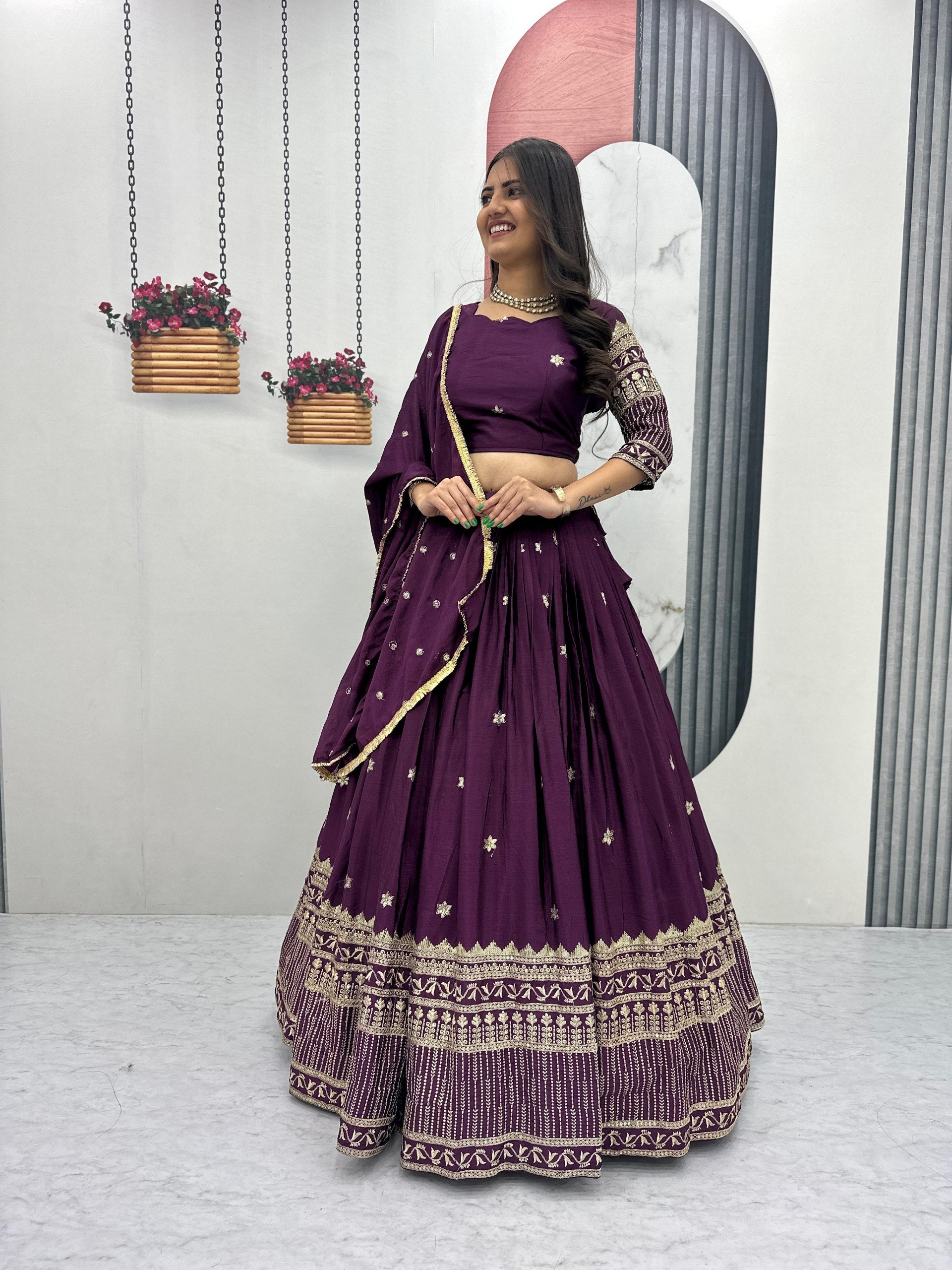 Elegant Chinon Embroidered Lehenga Choli Set with Dupatta