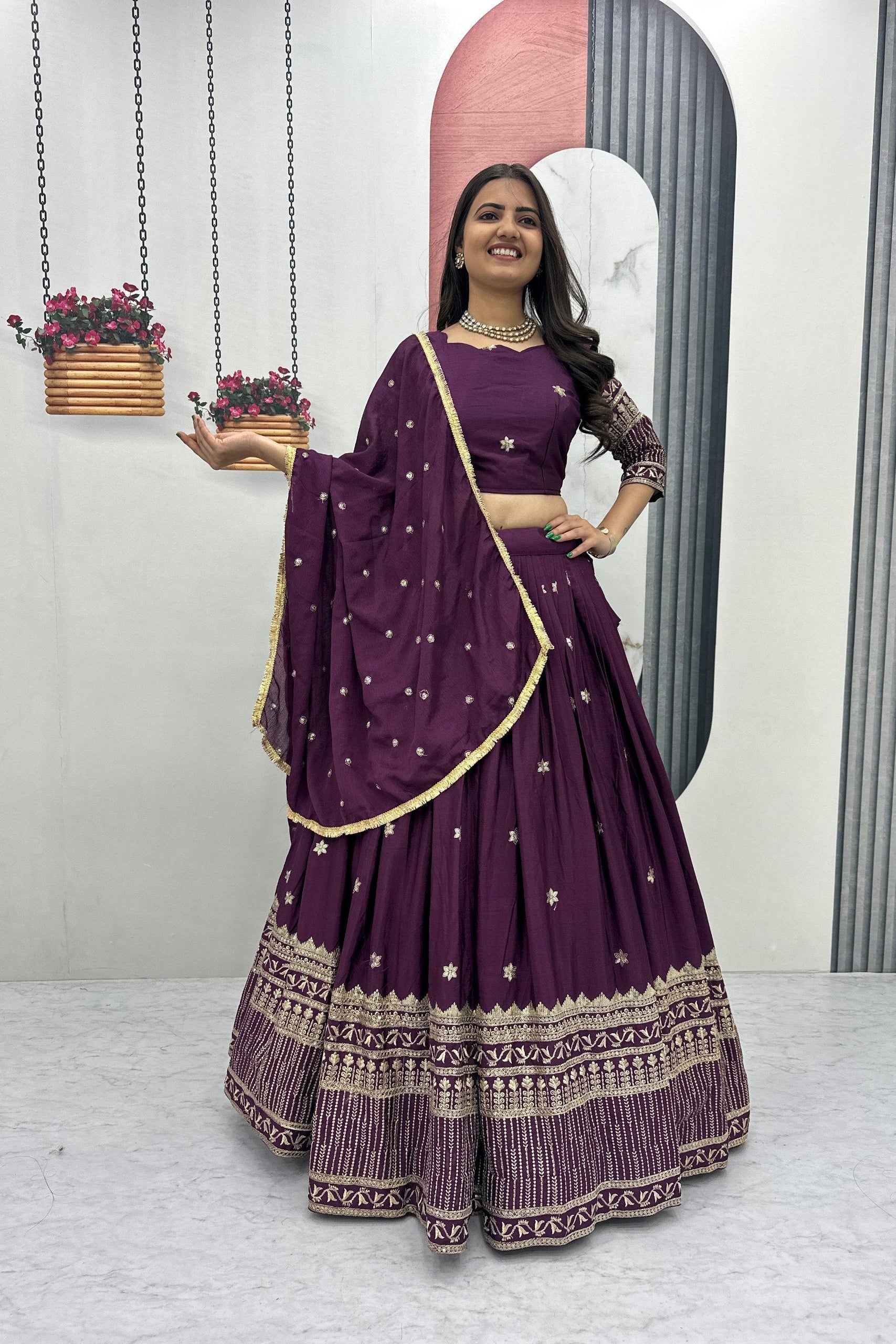 Elegant Chinon Embroidered Lehenga Choli Set with Dupatta