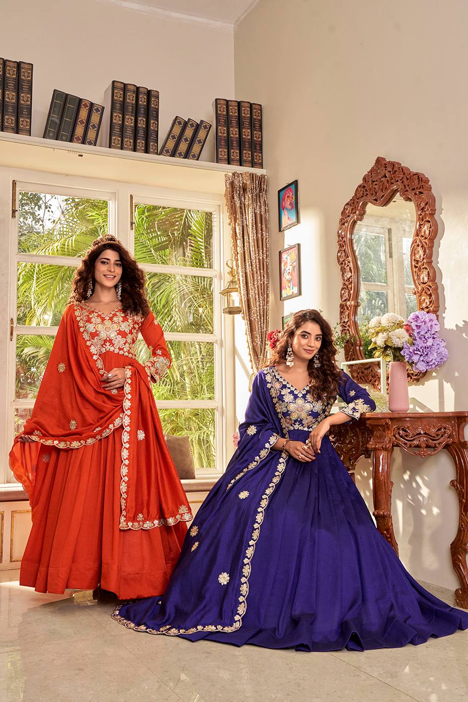 Pure Vichitra Gown with Cording Sequence Embroidered Dupatta