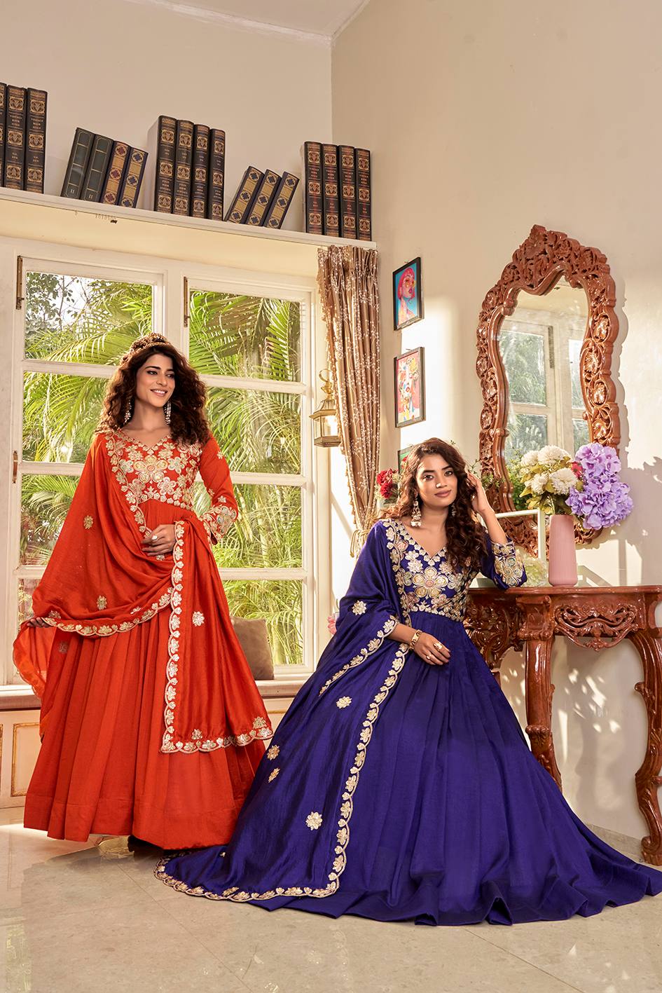 Pure Vichitra Gown with Cording Sequence Embroidered Dupatta