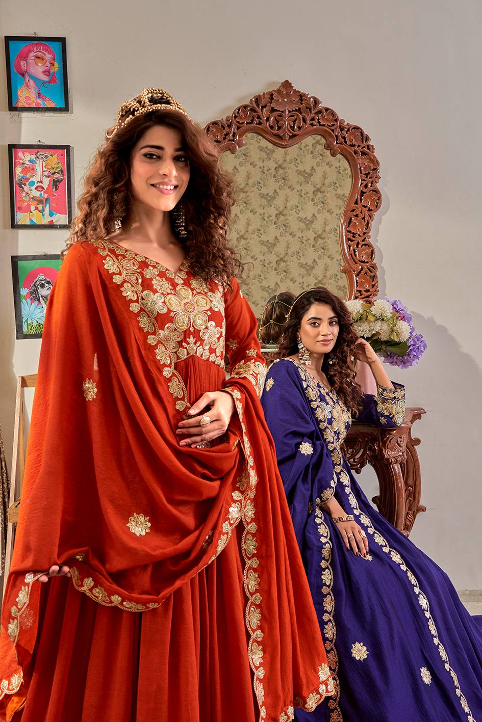 Pure Vichitra Gown with Cording Sequence Embroidered Dupatta
