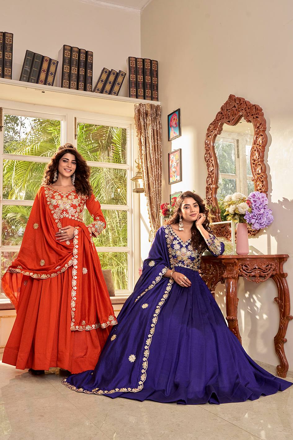 Pure Vichitra Gown with Cording Sequence Embroidered Dupatta
