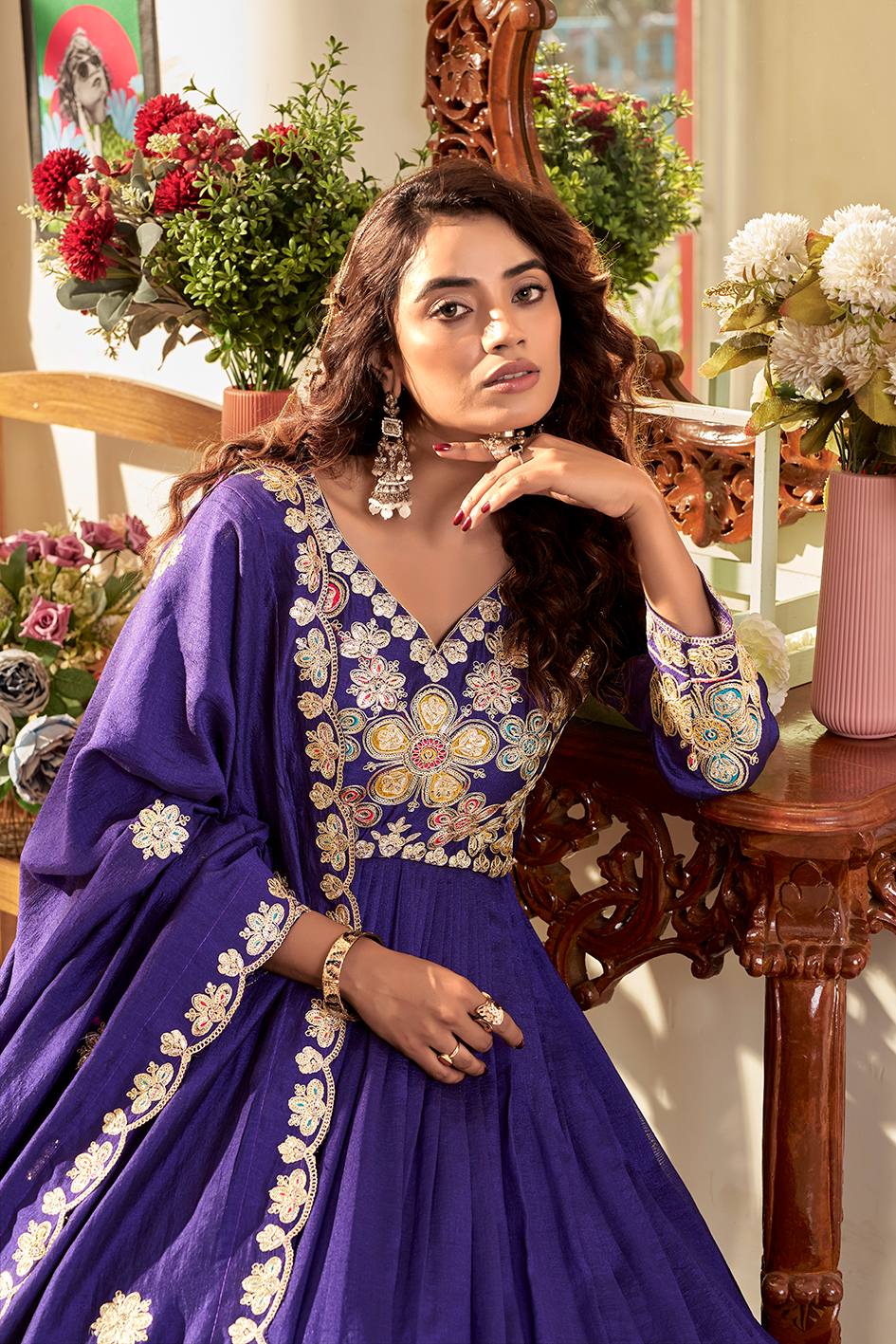 Pure Vichitra Gown with Cording Sequence Embroidered Dupatta