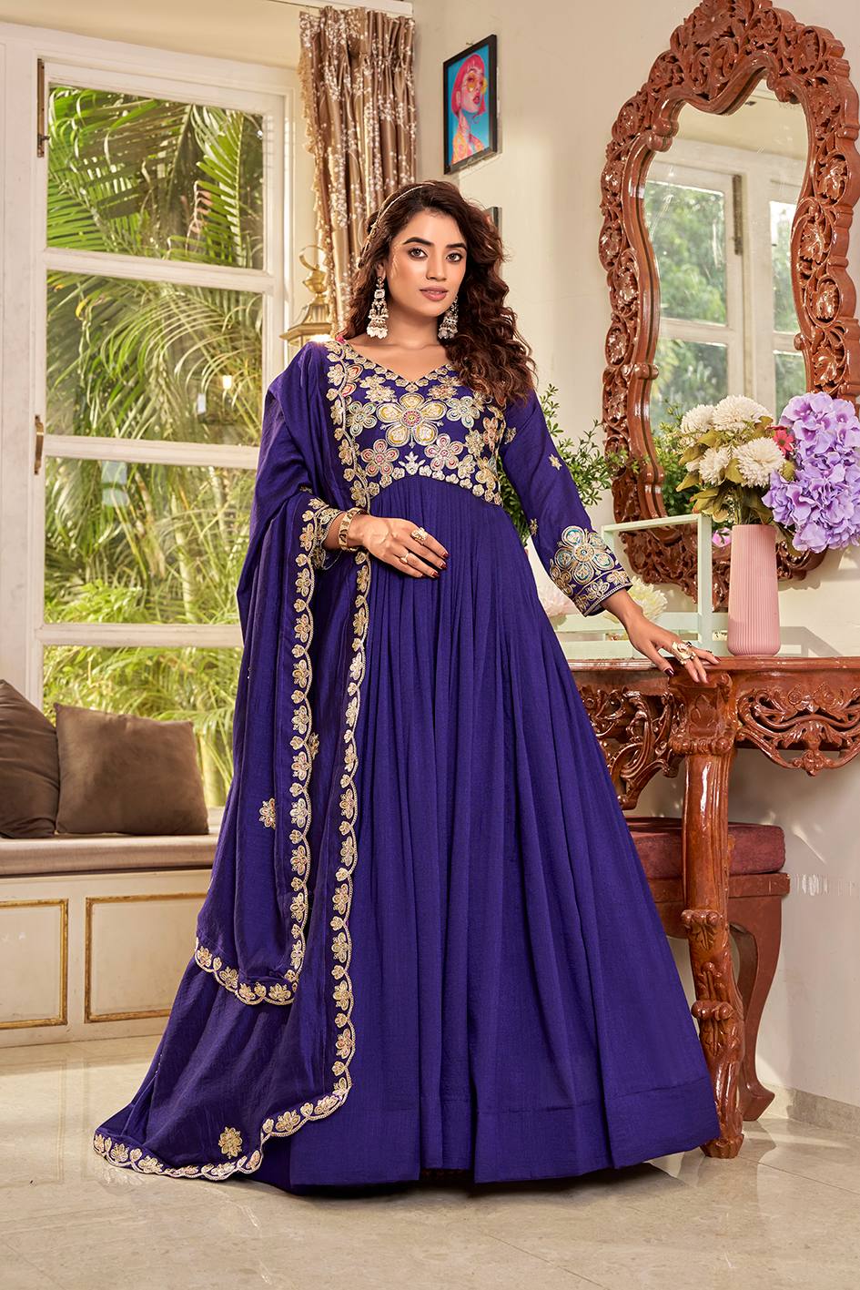 Pure Vichitra Gown with Cording Sequence Embroidered Dupatta