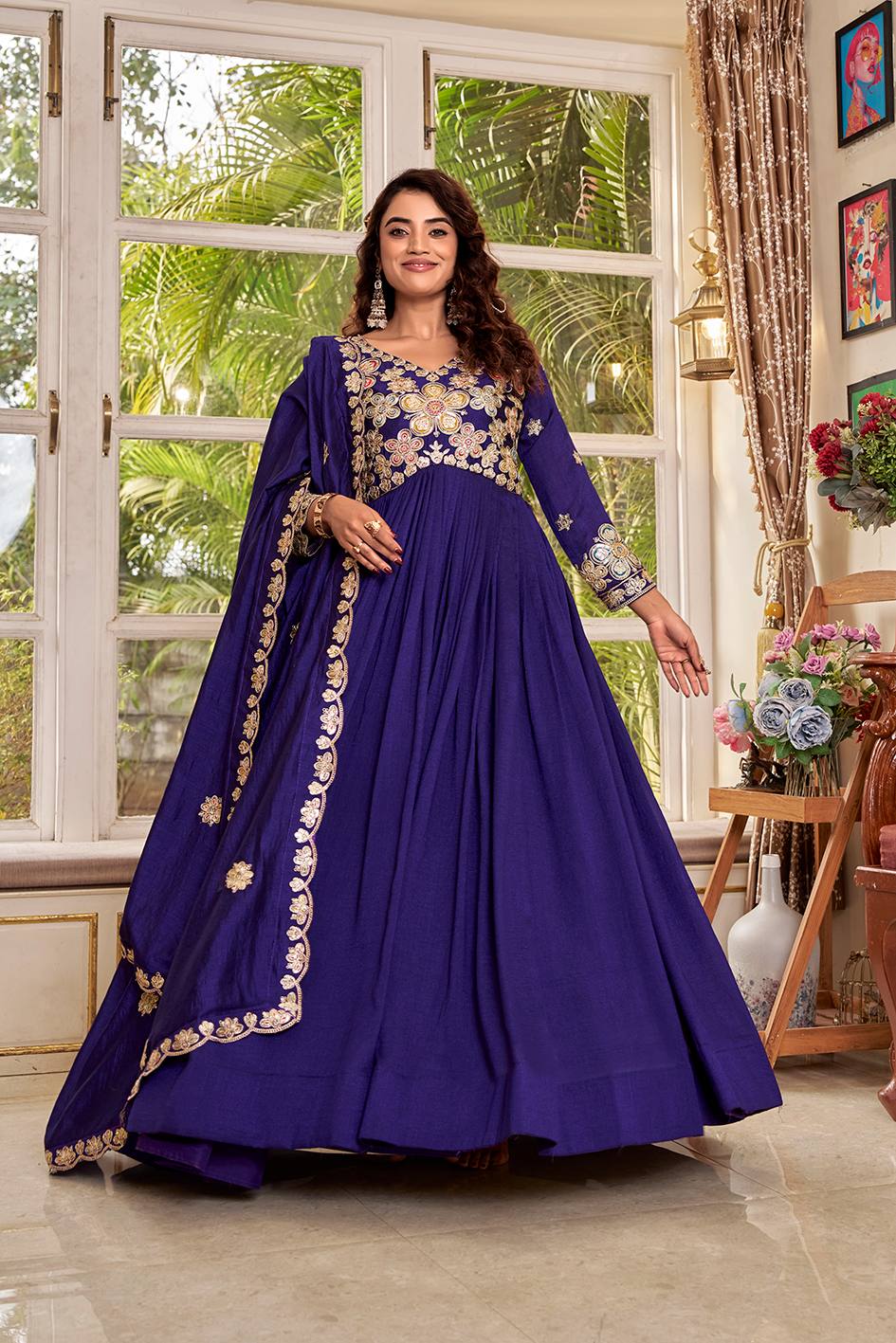 Pure Vichitra Gown with Cording Sequence Embroidered Dupatta