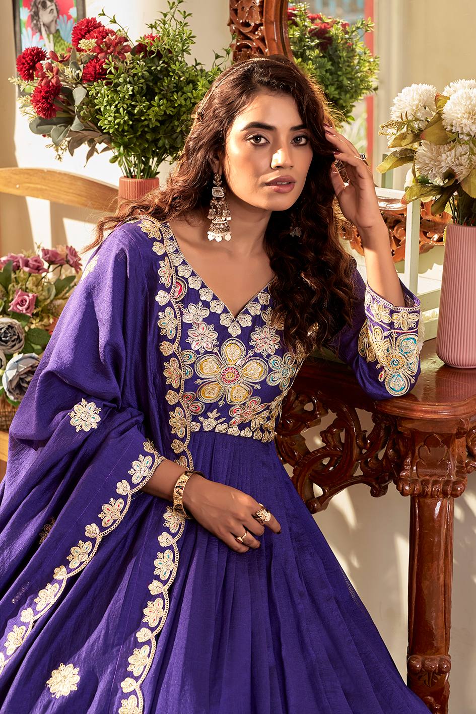 Pure Vichitra Gown with Cording Sequence Embroidered Dupatta