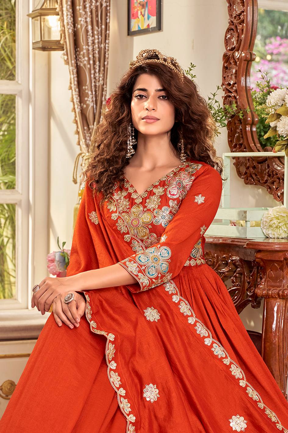 Pure Vichitra Gown with Cording Sequence Embroidered Dupatta