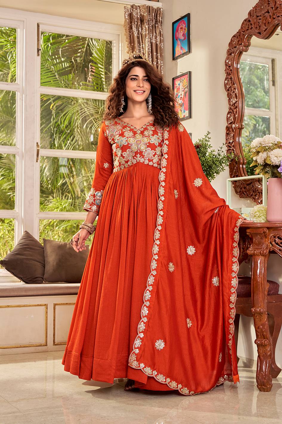 Pure Vichitra Gown with Cording Sequence Embroidered Dupatta