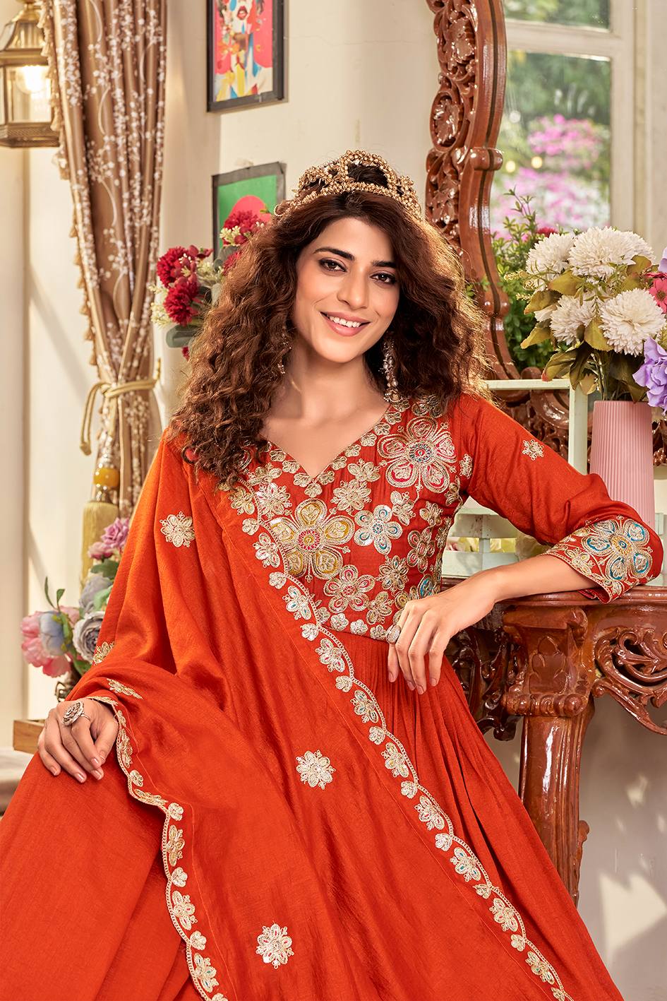 Pure Vichitra Gown with Cording Sequence Embroidered Dupatta