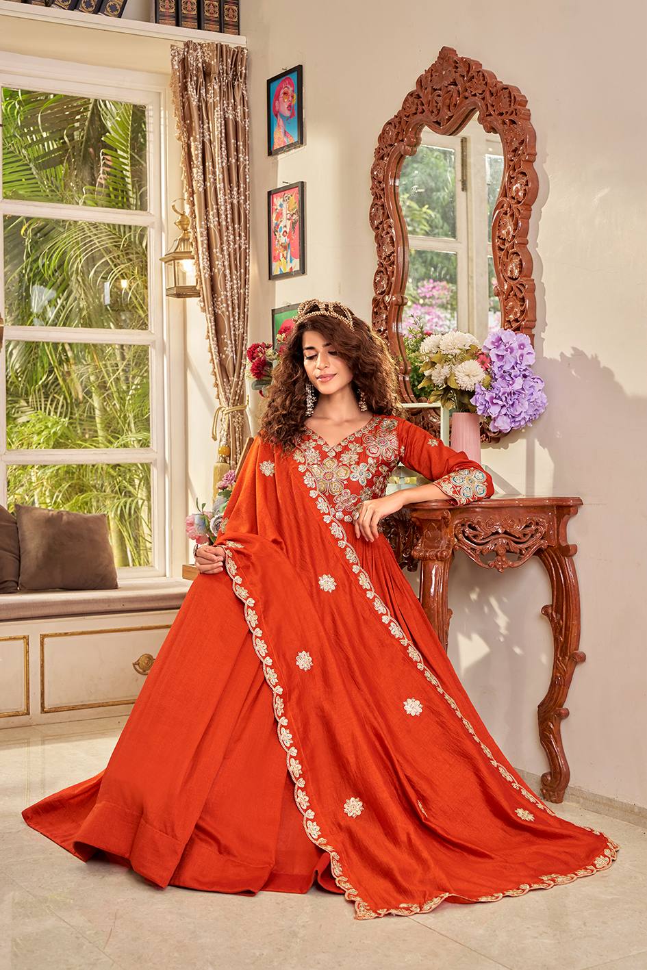 Pure Vichitra Gown with Cording Sequence Embroidered Dupatta
