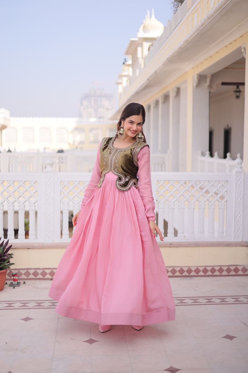 Mal Chanderi Gown with Velvet Embroidered Koti Set