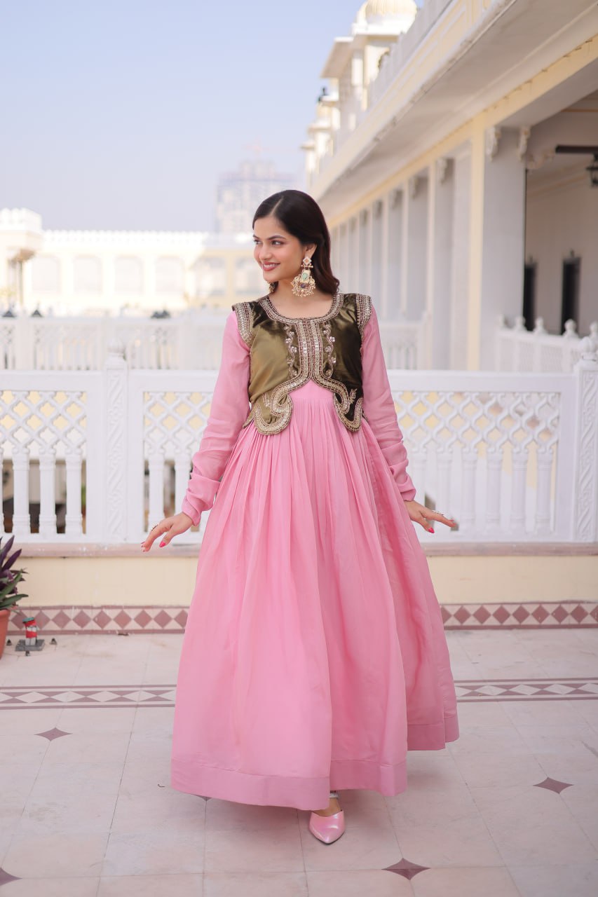 Mal Chanderi Gown with Velvet Embroidered Koti Set