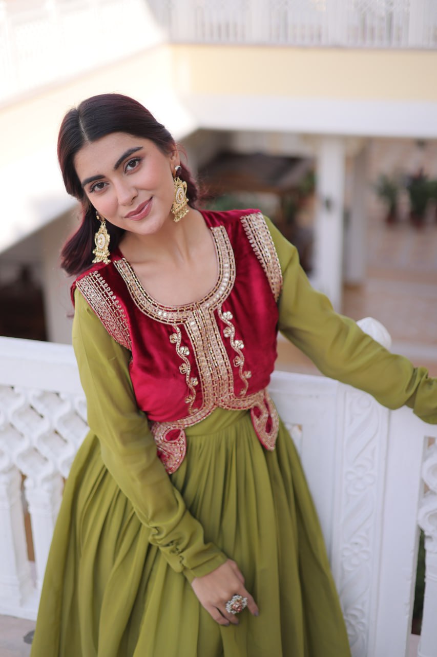 Mal Chanderi Gown with Velvet Embroidered Koti Set
