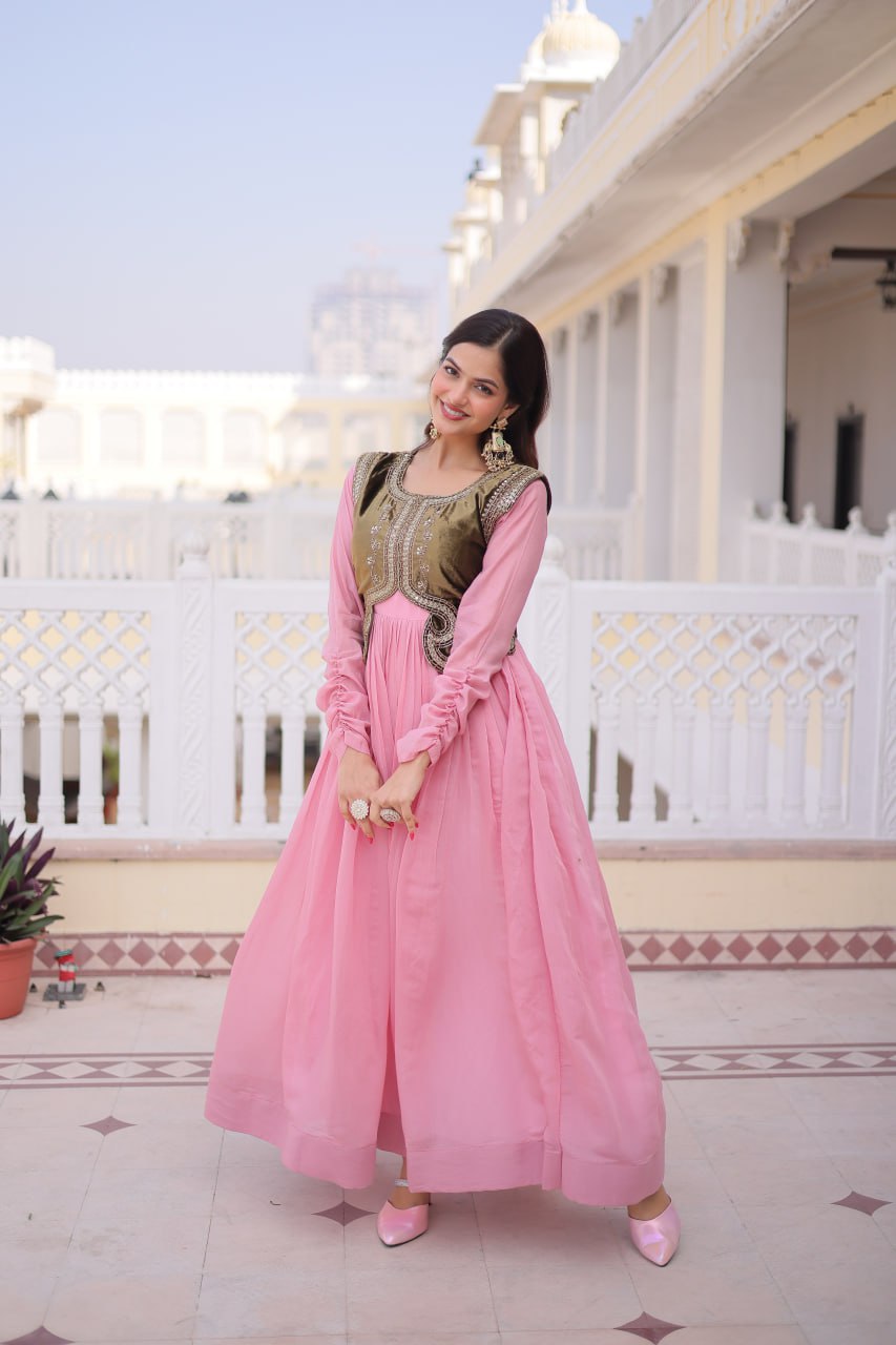 Mal Chanderi Gown with Velvet Embroidered Koti Set