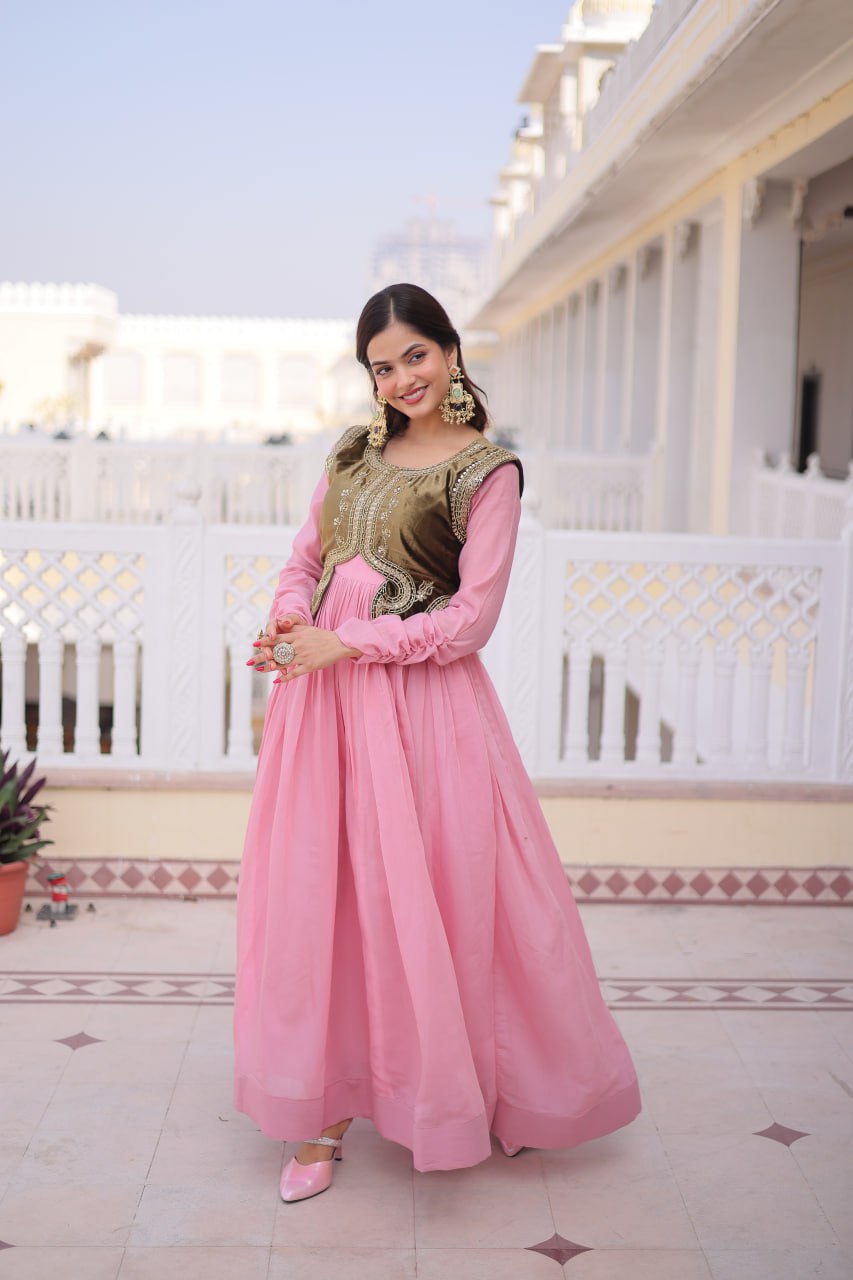 Mal Chanderi Gown with Velvet Embroidered Koti Set