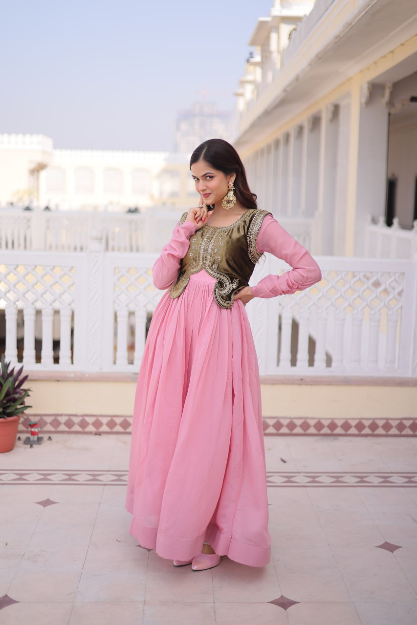 Mal Chanderi Gown with Velvet Embroidered Koti Set