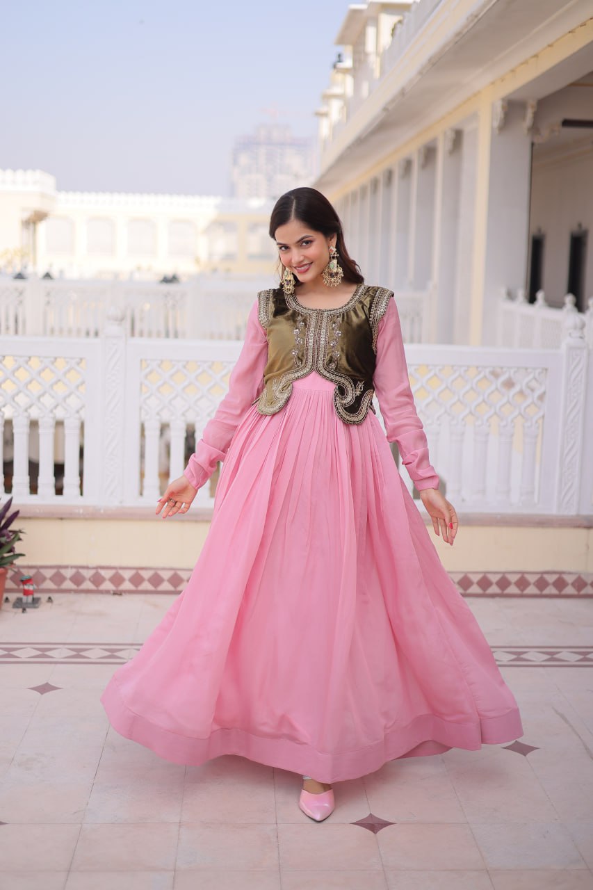 Mal Chanderi Gown with Velvet Embroidered Koti Set