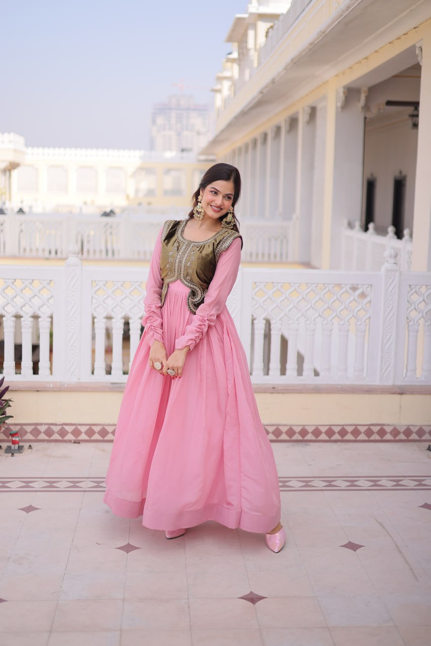Mal Chanderi Gown with Velvet Embroidered Koti Set