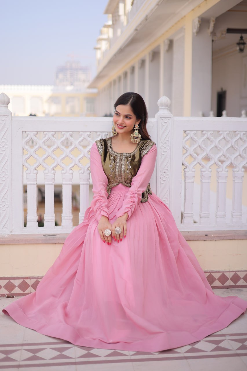 Mal Chanderi Gown with Velvet Embroidered Koti Set
